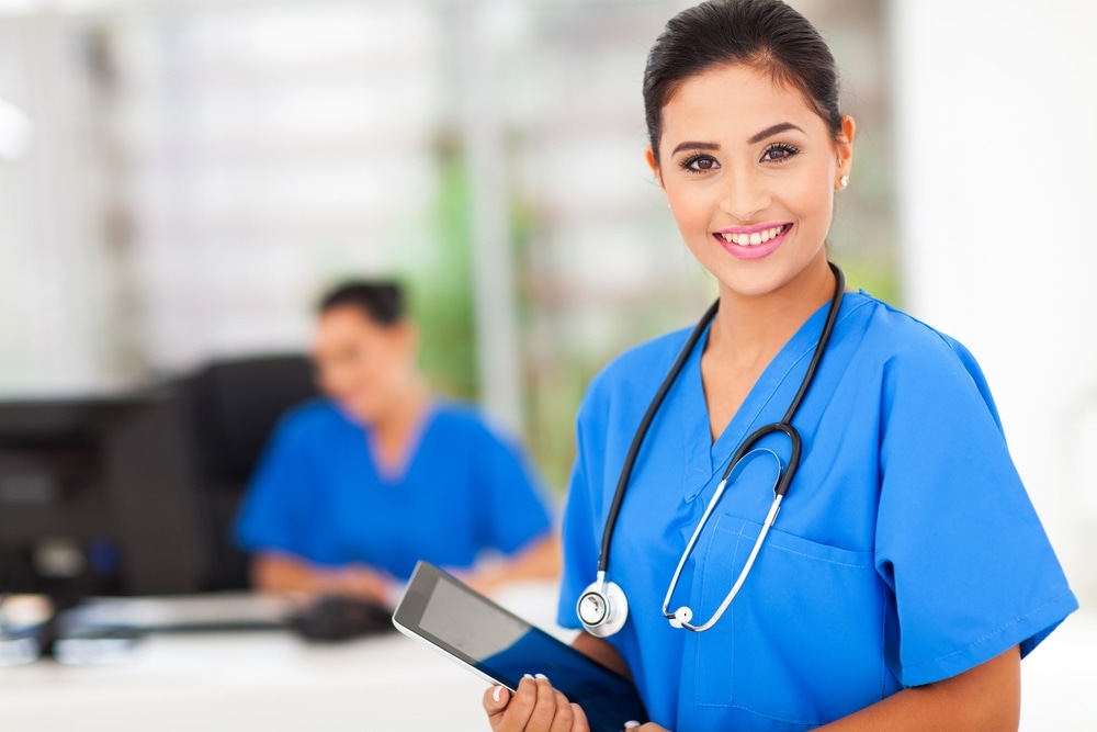 nurse in blue scrubs