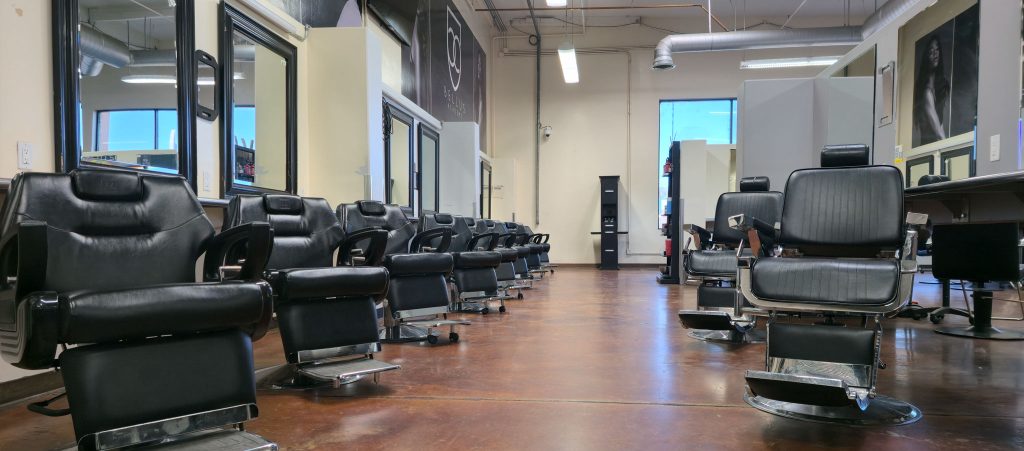 Professional barbering stations in the Bellus Academy Chula Vista Student Salon.